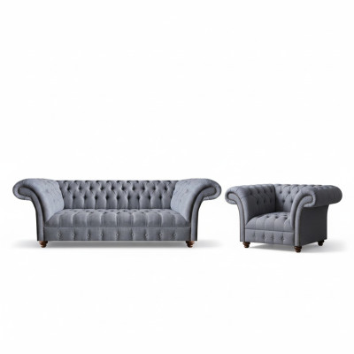Chesterfield Designer Graue Polstergarnitur Moderne Textilcouchen 2tlg