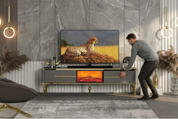 Wohnzimmer TV Lowboard Grau Kamin RTV Sideboard Metall + MDF Exklusiv