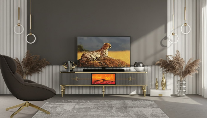 Wohnzimmer TV Lowboard Grau Kamin RTV Sideboard Metall + MDF Exklusiv