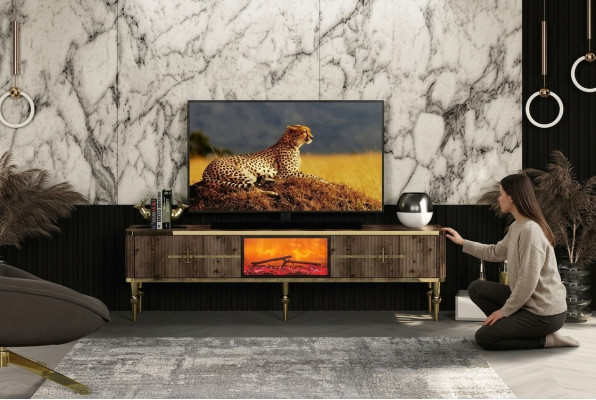 TV-Stojan do obývacího pokoje Luxusní tmavě hnědý MDF + zlato kov nový