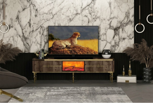 TV-Stojan do obývacího pokoje Luxusní tmavě hnědý MDF + zlato kov nový