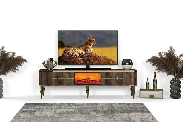 TV-Stojan do obývacího pokoje Luxusní tmavě hnědý MDF + zlato kov nový