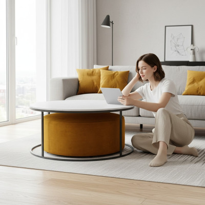 Weißer MDF Couchtisch + orangefarbener Hocker neue Metallbeine Luxus