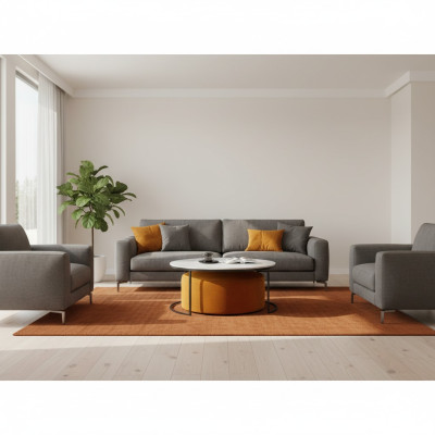 Weißer MDF Couchtisch + orangefarbener Hocker neue Metallbeine Luxus