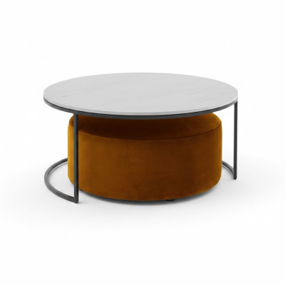 Weißer MDF Couchtisch + orangefarbener Hocker neue Metallbeine Luxus