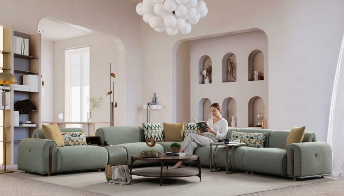 Hellgrünes Textil Sofa Wohnzimmer L-Form Eckcouch Designer Polster Möbel