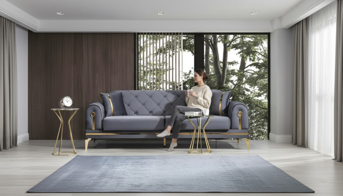 Chesterfield šedá látková pohovka designová obývací pokoj trojsedák textilní 3-místná