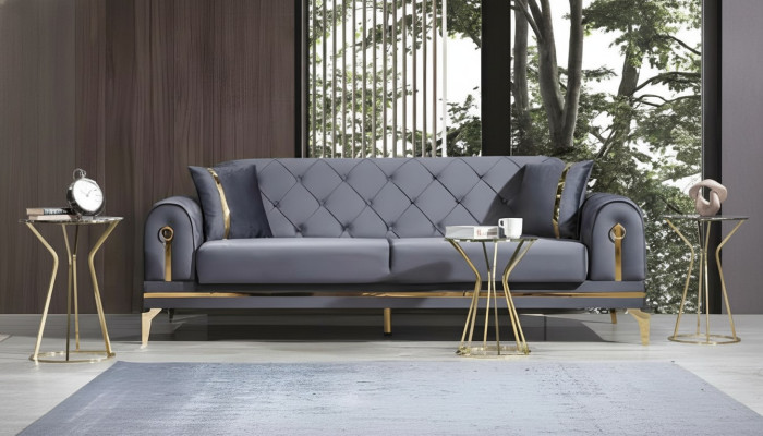 Chesterfield šedá látková pohovka designová obývací pokoj trojsedák textilní 3-místná