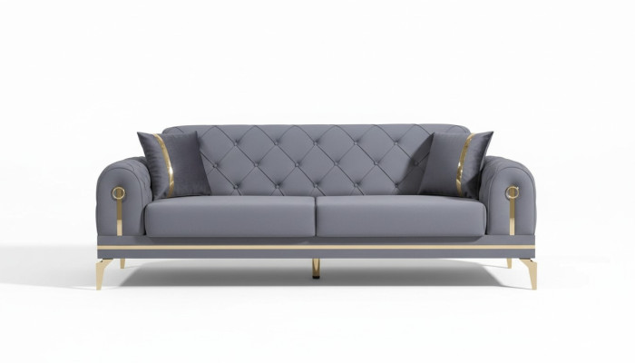 Chesterfield šedá látková pohovka designová obývací pokoj trojsedák textilní 3-místná