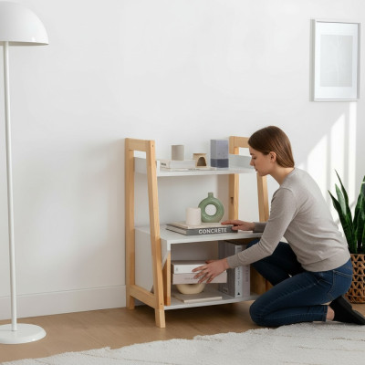 Beige-Weißes Bücherregal Ablagenregal Hochwertige Holz Beistellkommode