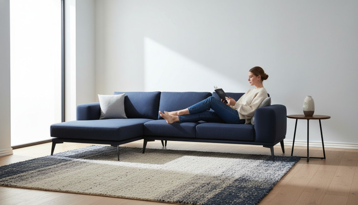 Ecksofa L-Form Dunkelblau Einfarbig Textil Material mit Kissen Wohnzimmer