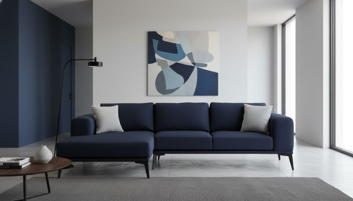 Ecksofa L-Form Dunkelblau Einfarbig Textil Material mit Kissen Wohnzimmer