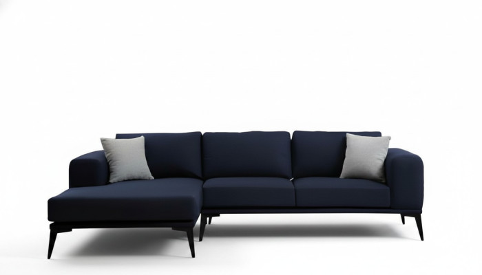 Ecksofa L-Form Dunkelblau Einfarbig Textil Material mit Kissen Wohnzimmer