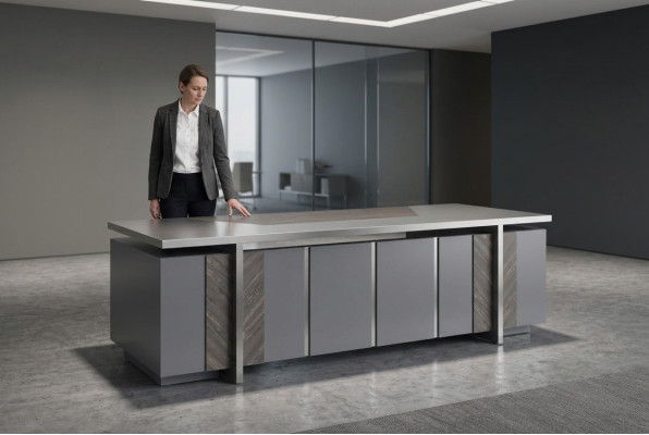 Bürotisch Rechteckig Form Grau Einfarbig Modern Design Stil mit Stauraum