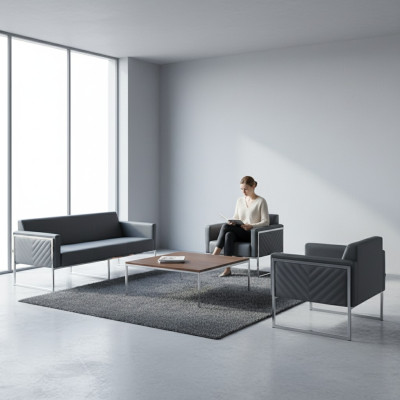 Arbetiszimmer-Set 3tlg 3-Sitzer mit 2x Sessel Grau Einfarbig Modern Stil