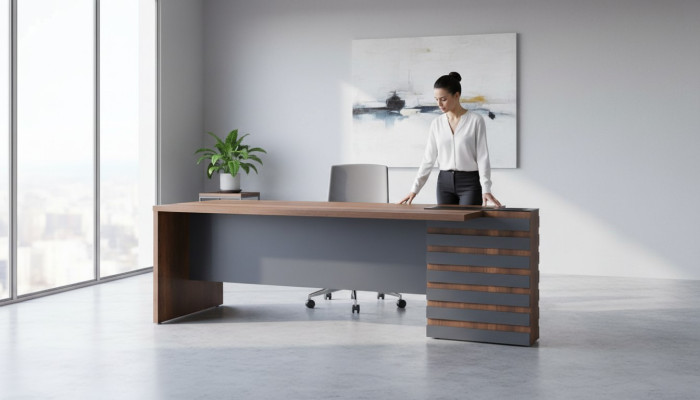 Bürotisch Braun Grau Zweifarbig Modern Design Arbeitszimmer Rechteckig