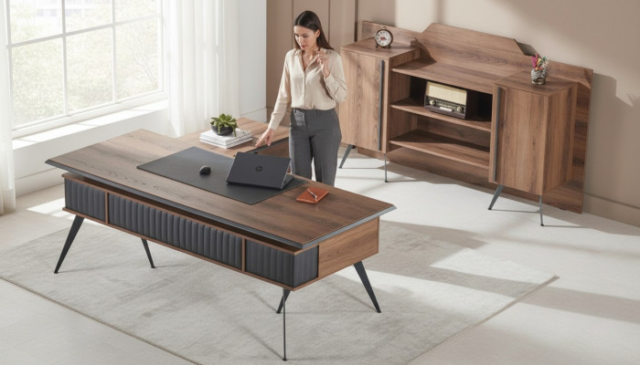 Arbeitszimmer-Set 2tlg Bürotisch Sideboard Stauraum Braun Einfarbig