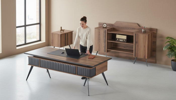 Arbeitszimmer-Set 3tlg Bürotisch Sideboard Kommode Braun Grau Zweifarbig
