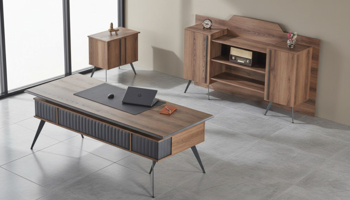Arbeitszimmer-Set 3tlg Bürotisch Sideboard Kommode Braun Grau Zweifarbig