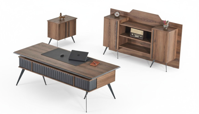 Arbeitszimmer-Set 3tlg Bürotisch Sideboard Kommode Braun Grau Zweifarbig