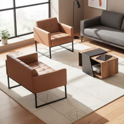 Arbeitszimmer Braun Grau Set 3tlg 2-Sitzer Sessel Couchtisch Modern Stil