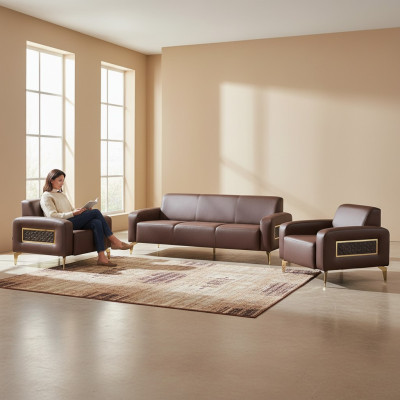 Arbeitszimmer-Set 3tlg 3-Sitzer mit 2x Sessel Braun Einfarbig Wohnzimmer