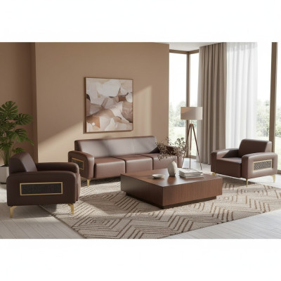Arbeitszimmer-Set 3tlg 3-Sitzer mit 2x Sessel Braun Einfarbig Wohnzimmer