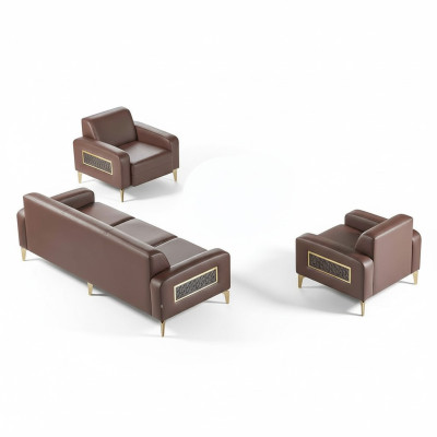 Arbeitszimmer-Set 3tlg 3-Sitzer mit 2x Sessel Braun Einfarbig Wohnzimmer