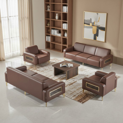 Arbeitszimmer-Set 4tlg 3-Sitzer 2x Sessel Couchtisch Braun Wohnzimmer