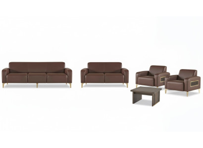 Exkluzivní hnědý pracovní nábytek, designový konferenční stolek, křeslo, 2x pohovky.
