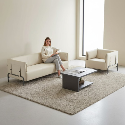 Arbeitszimmer-Set 3tlg Beige 3-Sitzer Sessel Grau Couchtisch Wohnzimmer