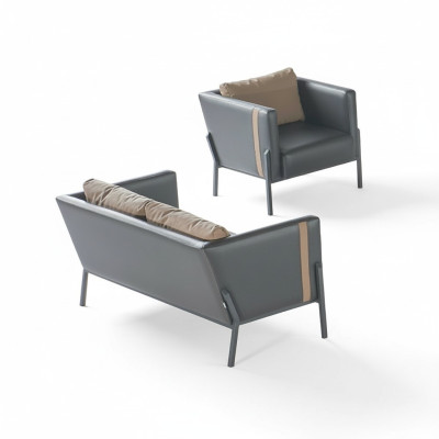 Arbeitszimmer Sitzmöbel Luxuriöser Grauer Leder 2-Sitzer Edler Sessel