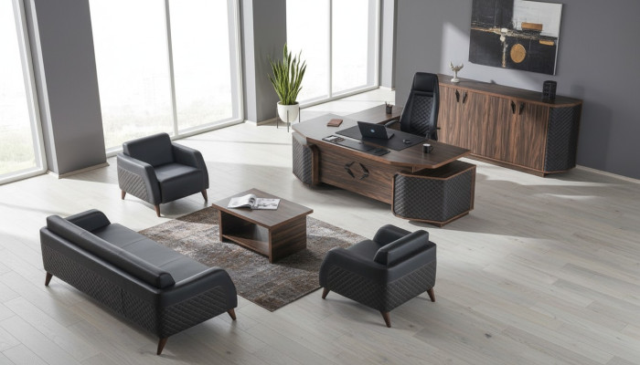 Arbeitszimmer-Set Komplett Sofas Schreibtisch Sideboard Büro Couch Leder