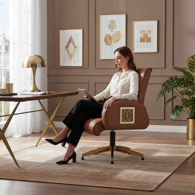 Bürostuhl Braun Edelstahl Modern Leder Büro Arbeitszimmer 1-Sitzer Gold