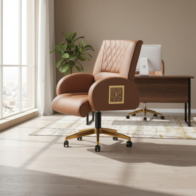 Bürostuhl Braun Edelstahl Modern Leder Büro Arbeitszimmer 1-Sitzer Gold