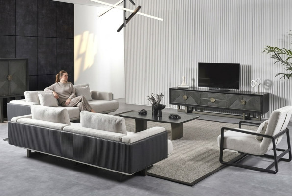 Moderner Wohnzimmermöbelset aus Holz in Braun mit Sofas, Sessel