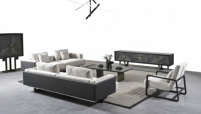Moderner Wohnzimmermöbelset aus Holz in Braun mit Sofas, Sessel