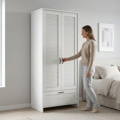 Kleiderschrank aus Stoff Garderobenschrank Schublade Kleiderstange Weiß