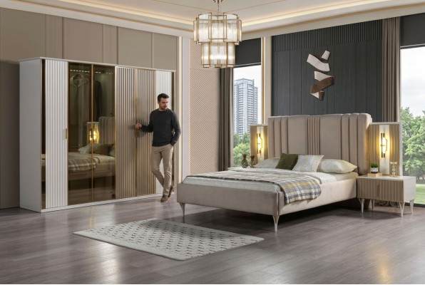 Schlafzimmer Set Bett 2 Nachttische Kleiderschrank modern 4tlg