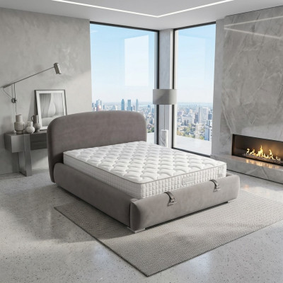 Elegantes graues Bett mit Matratze aus Textil und Holz
