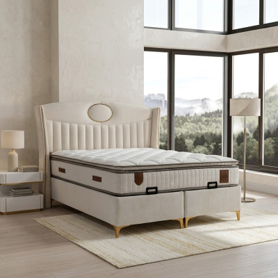 Elegantes Bett mit Matratze in Beige aus Textil und Holz