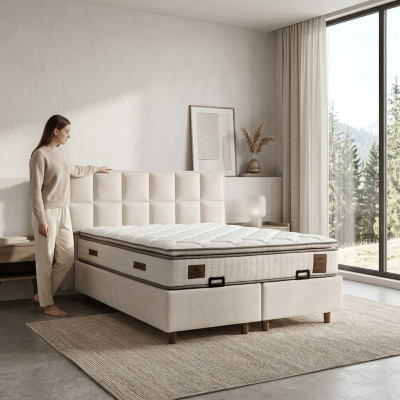 Elegantes Bett mit Matratze aus Textil in Beige