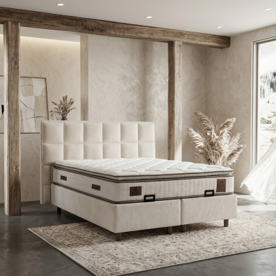 Elegantes Bett mit Matratze aus Textil in Beige