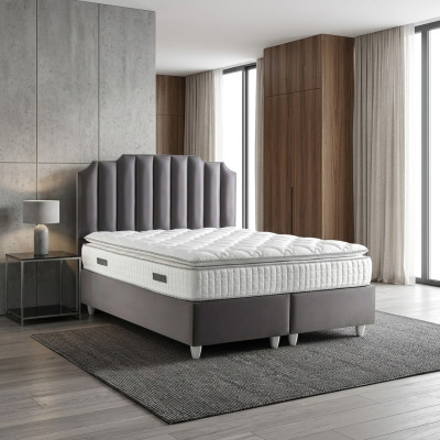 Elegantes graues Bett mit Matratze aus Textil und Holz