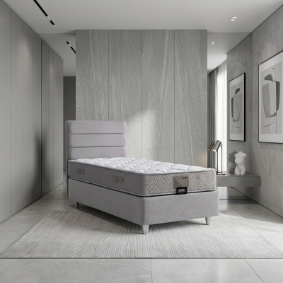 Elegantes graues Bett mit Matratze aus Textil und Holz