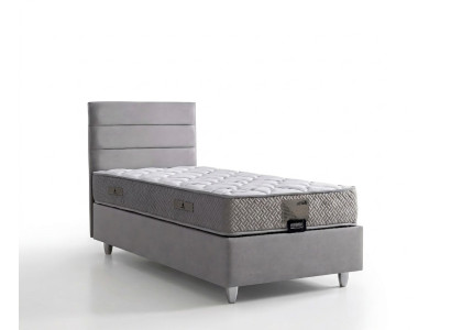 Elegantes graues Bett mit Matratze aus Textil und Holz