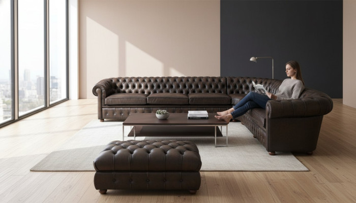 Klassische Ecksofa Eckcouch Couch Sofa Polster Leder Sitz Chesterfield Garnitur