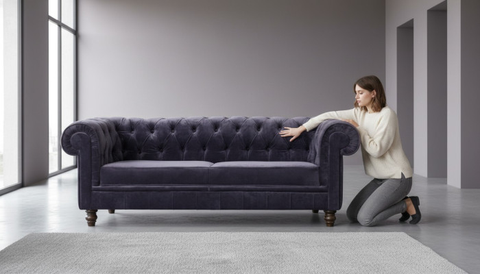 Elegantní designová sedací souprava Chesterfield, čalouněná pohovka s textilní látkou a sametovým potahem.