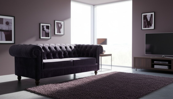 Elegantní designová sedací souprava Chesterfield, čalouněná pohovka s textilní látkou a sametovým potahem.
