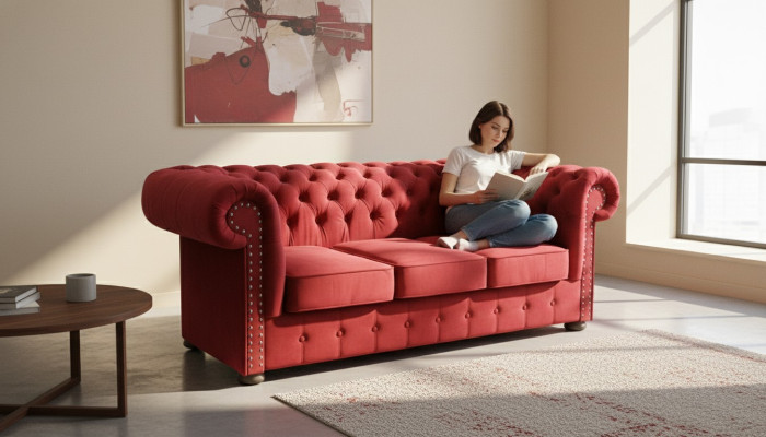 Chesterfield pohovka pohovka čalounění textil látka 3místná souprava designérské pohovky.